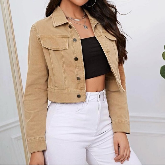 Khaki Cropped Denim Jacket - Picture 2 of 4